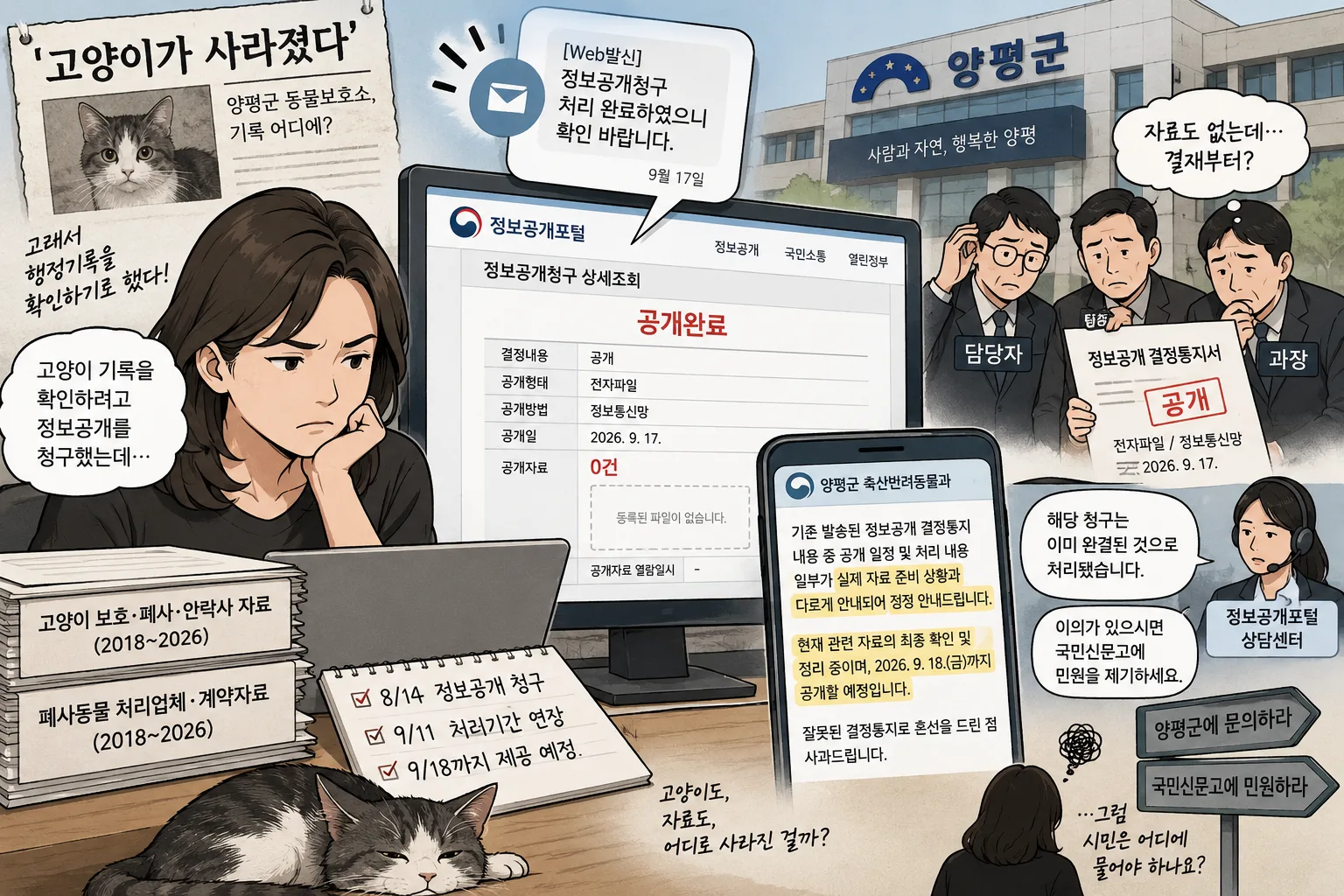 고양이 보호기록을 확인하려던 정보공개청구가 자료 없이 ‘공개완료’ 처리된 황당한 상황이 발생했다.