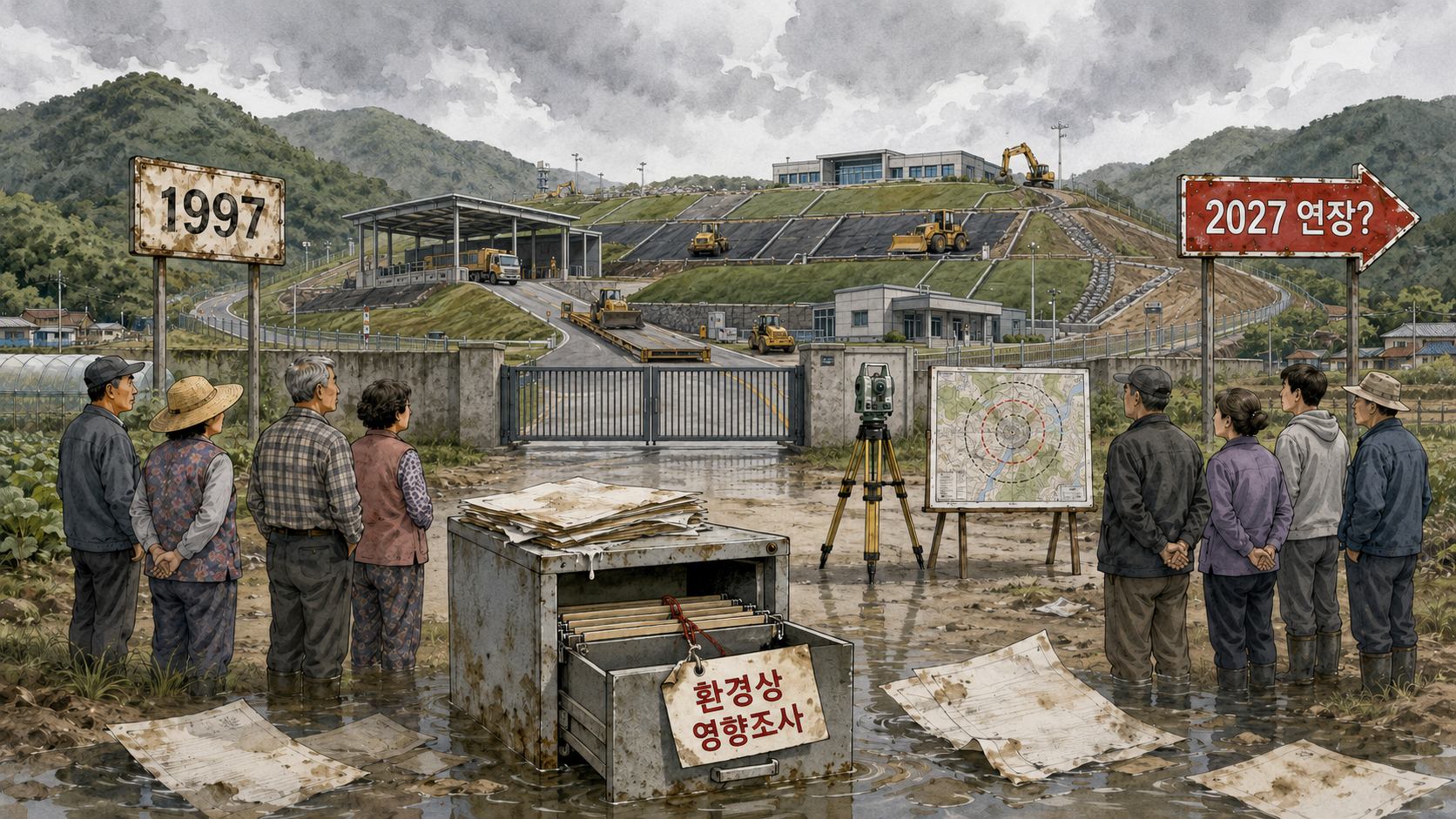 1997년부터 운영된 무왕위생매립장의 2027년 연장 논의와 확인되지 않은 환경상 영향조사 자료를 표현한 양평포스트 일러스트